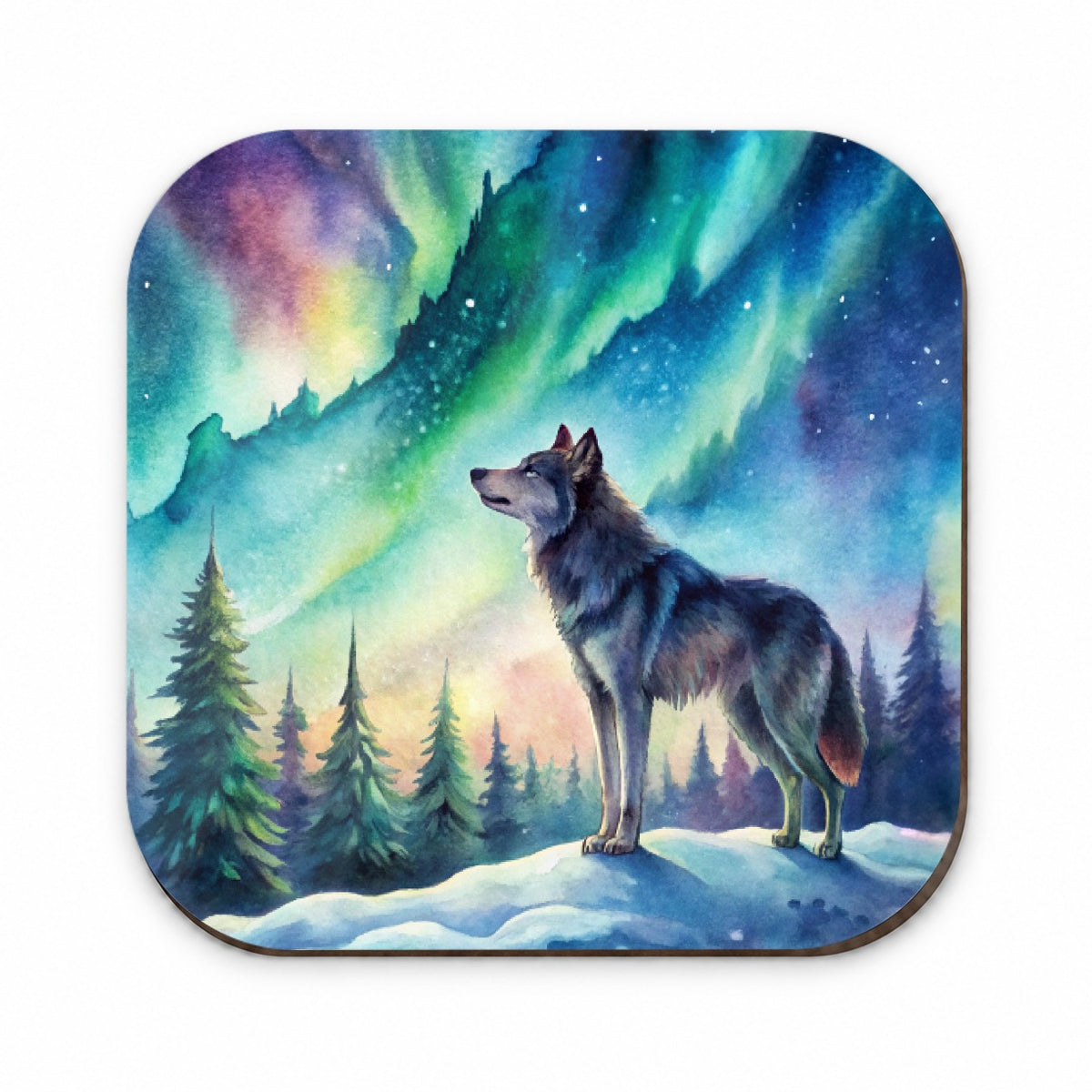 Wolf And Northern Lights Watercolor Fridge Magnet
