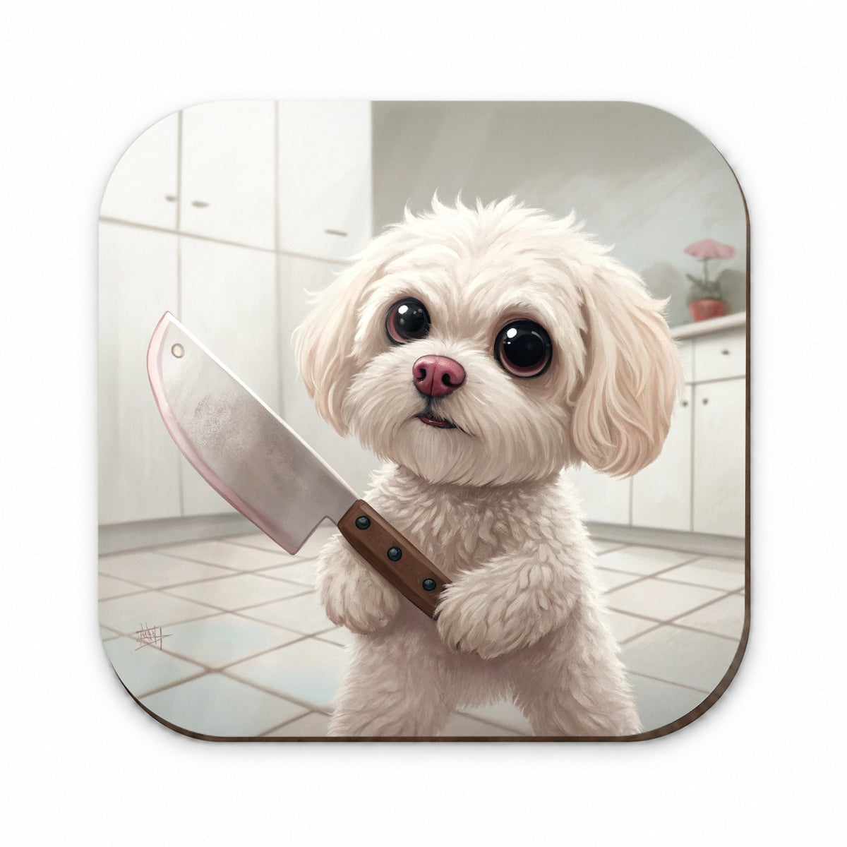 Small Fluffy Dog with a Butcher Knife Funny Scary Halloween Fridge Magnet