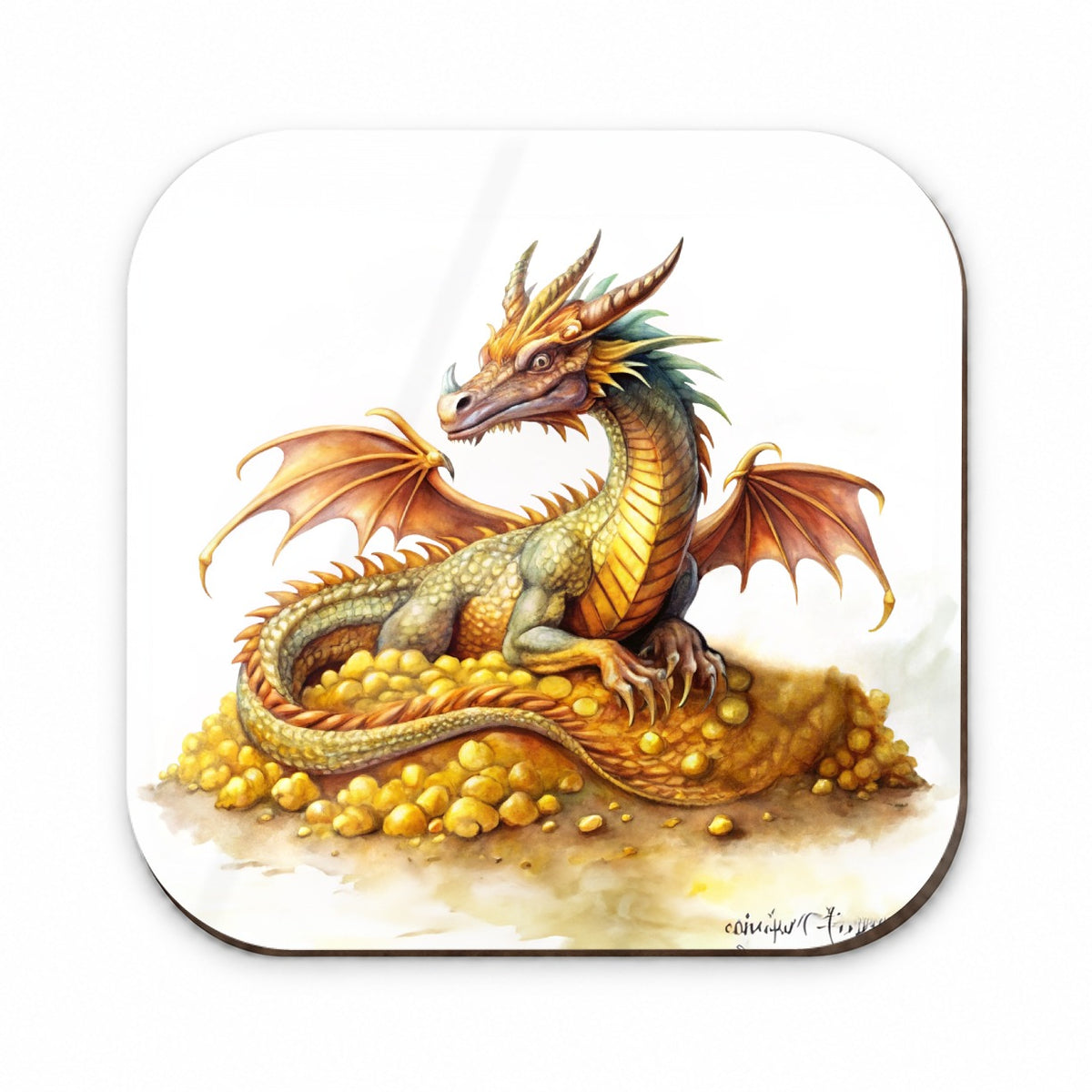 Fantasy Dragon and Gold Horde Watercolor Fridge Magnet