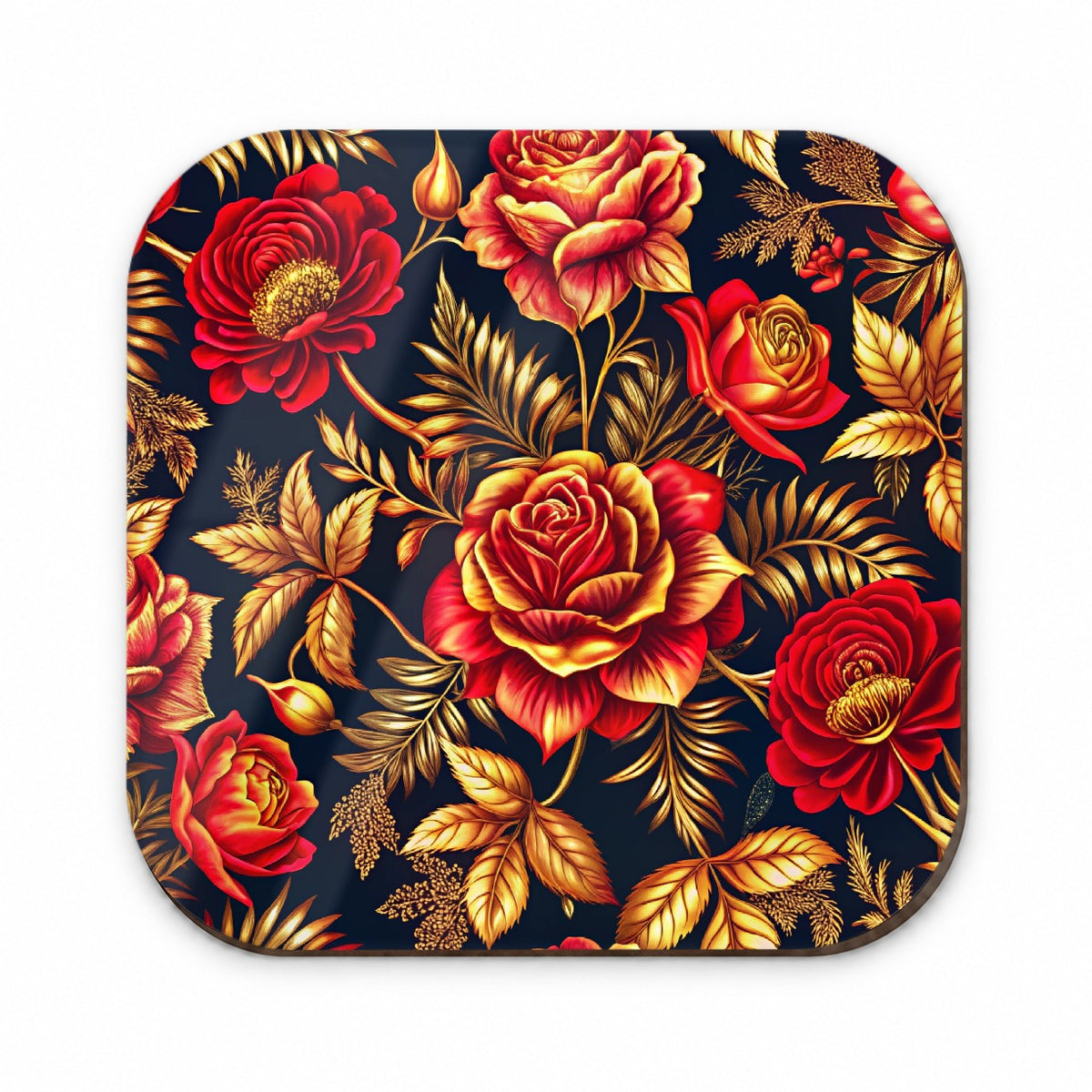 Neon Red And Gold Rose Floral Pattern Fridge Magnet