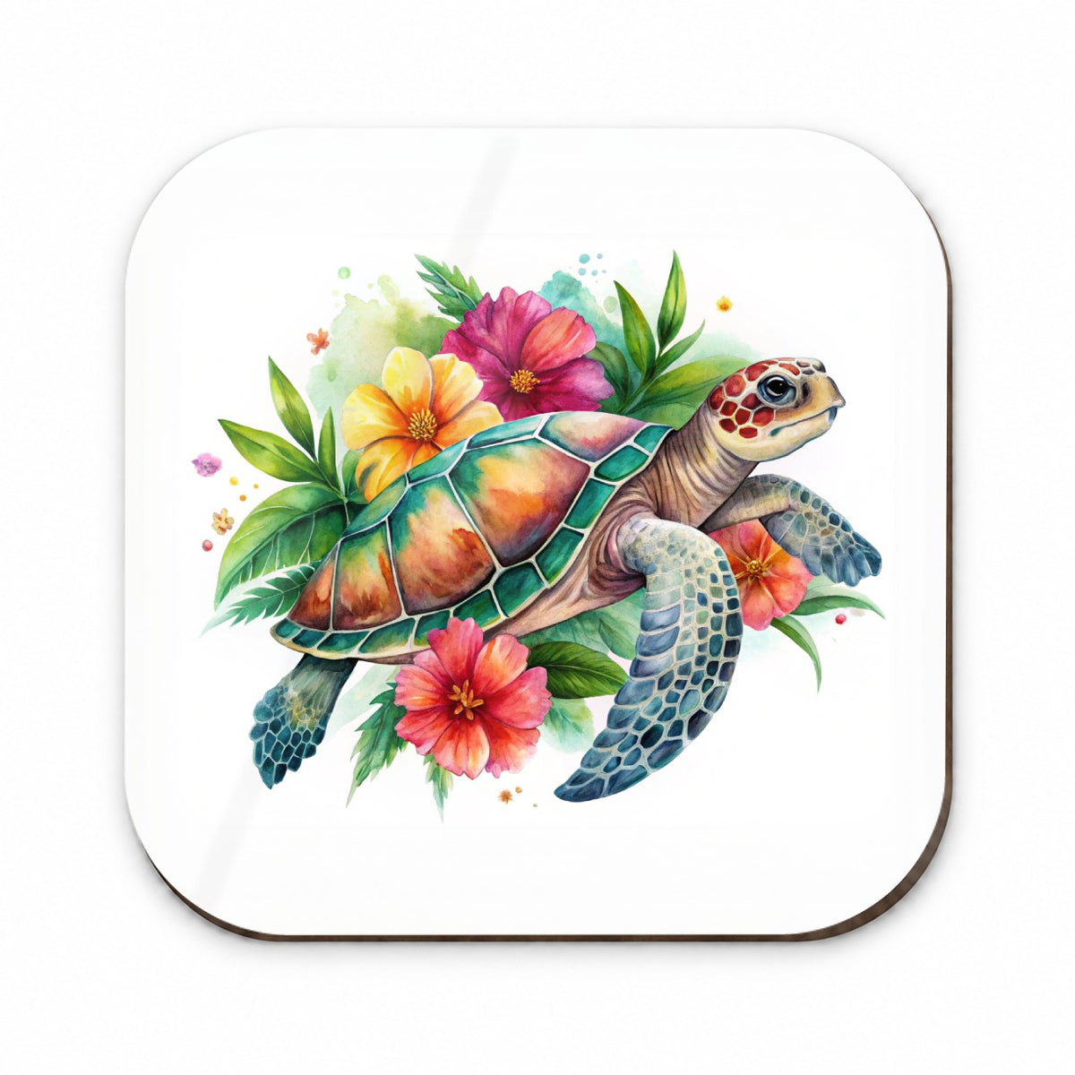 Tropical Sea Turtle Hibiscus Floral Watercolor Fridge Magnet