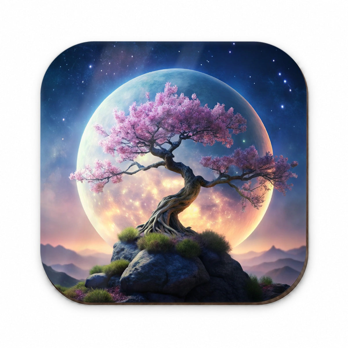 Japanese Bonsai Tree With Pink Flowers On Hill Under Large Moon Fridge Magnet