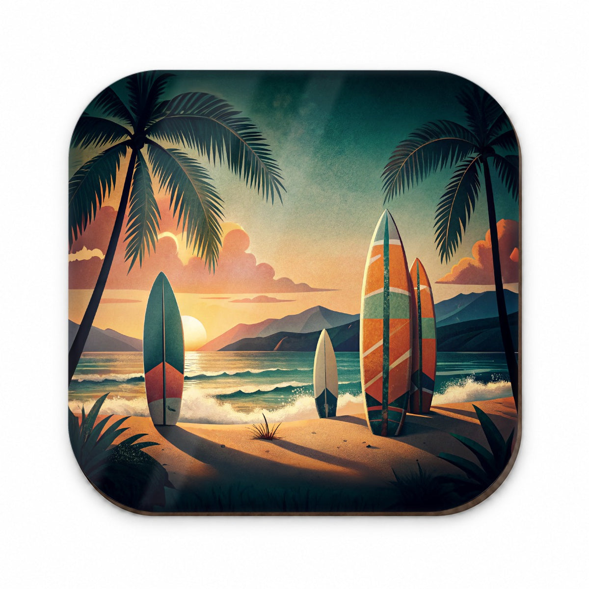 Retro Surfboards On Beach Tropical Sunset Illustration Fridge Magnet