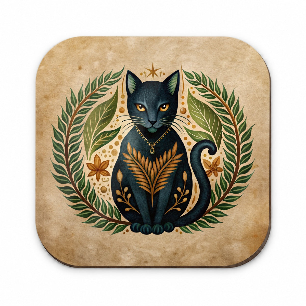 Stylized Black Cat Illustration Leaf Design Fridge Magnet
