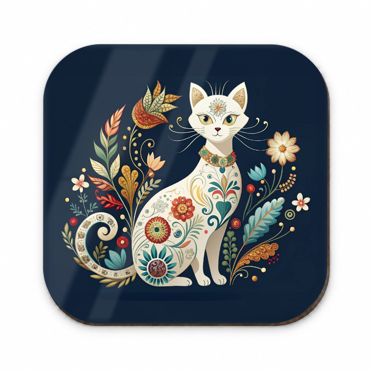 Stylized White Cat Floral Design Fridge Magnet