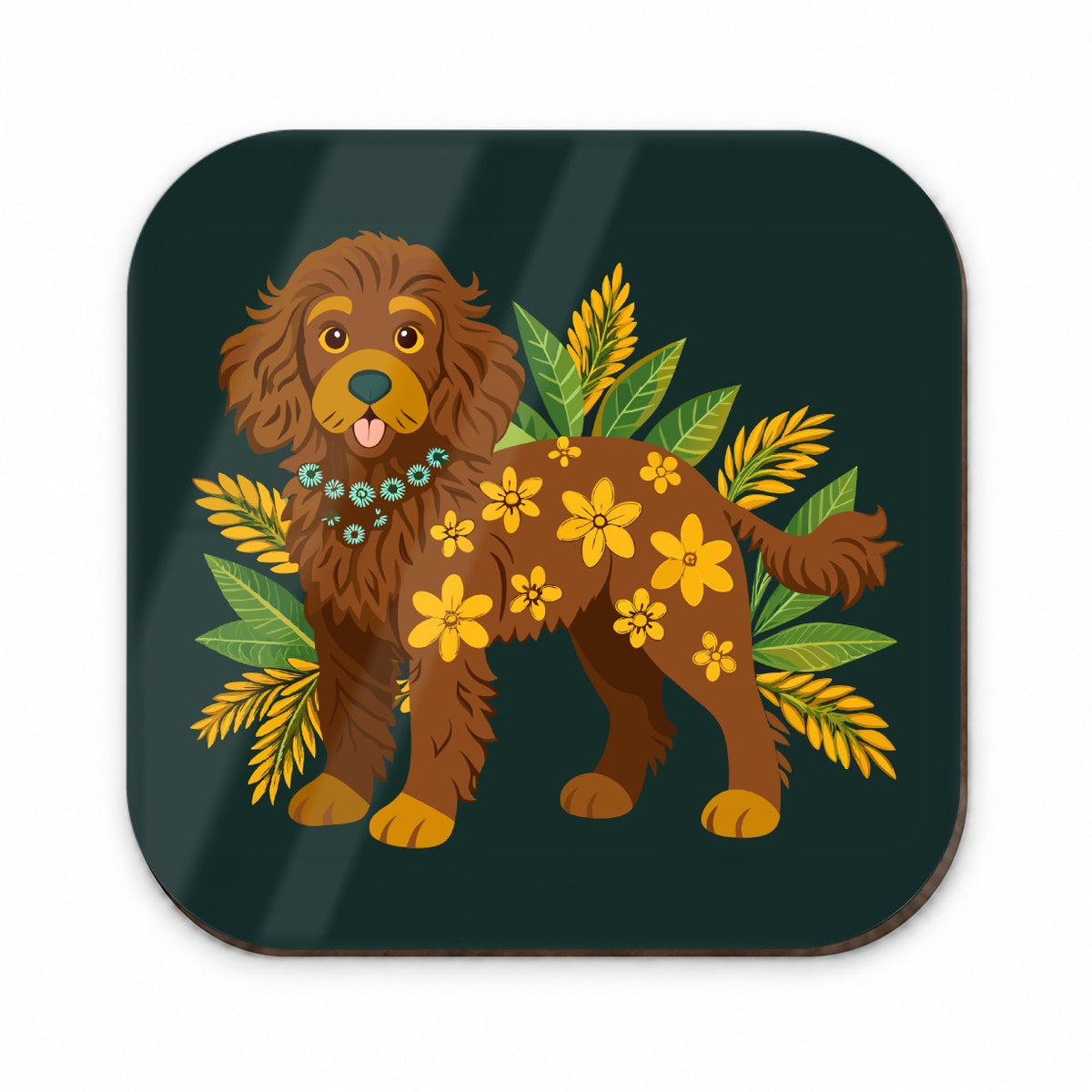 Dark Brown Golden Doodle Floral Motif Green Dog Fridge Magnet