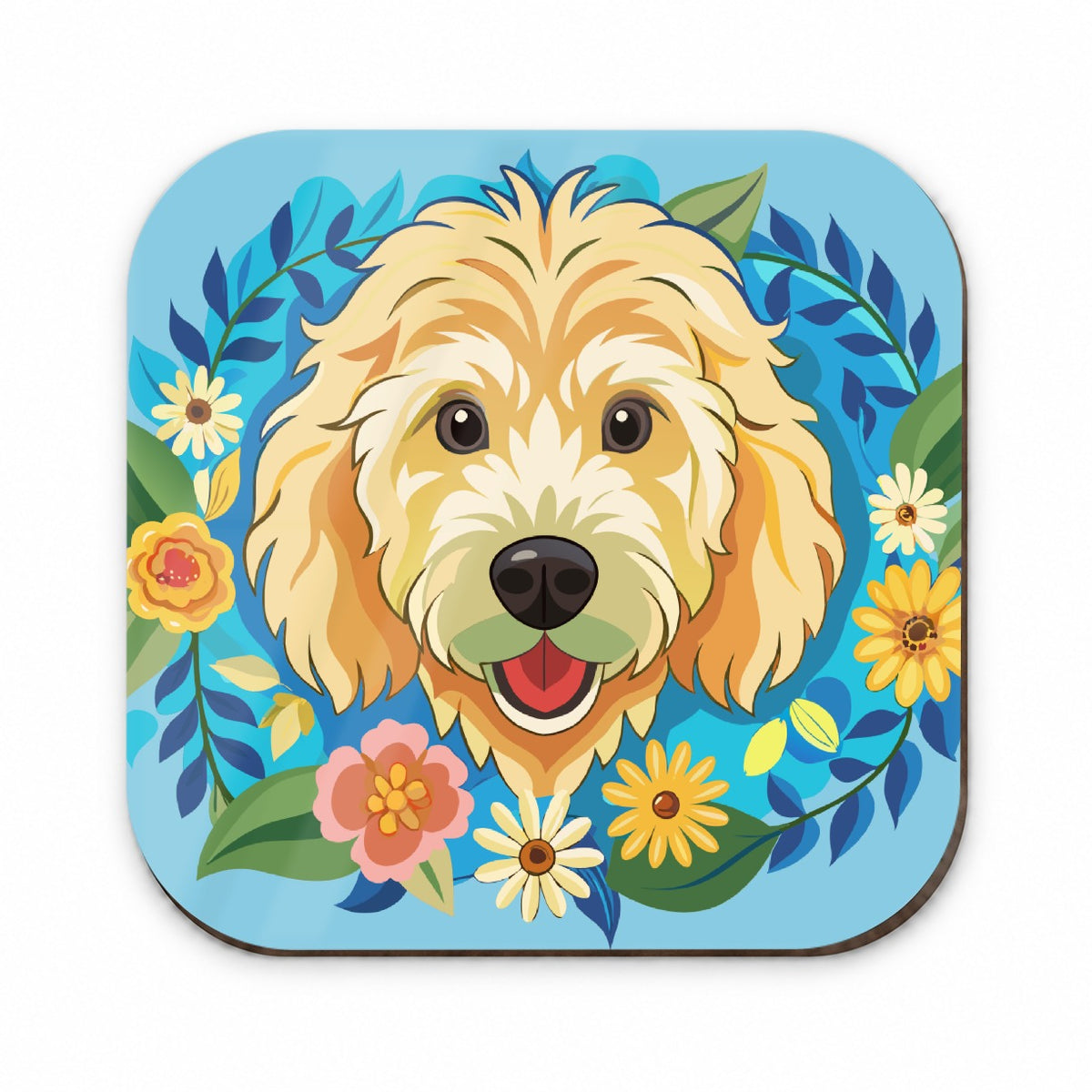 Golden Doodle Head Floral Motif Blue Background Dog Fridge Magnet