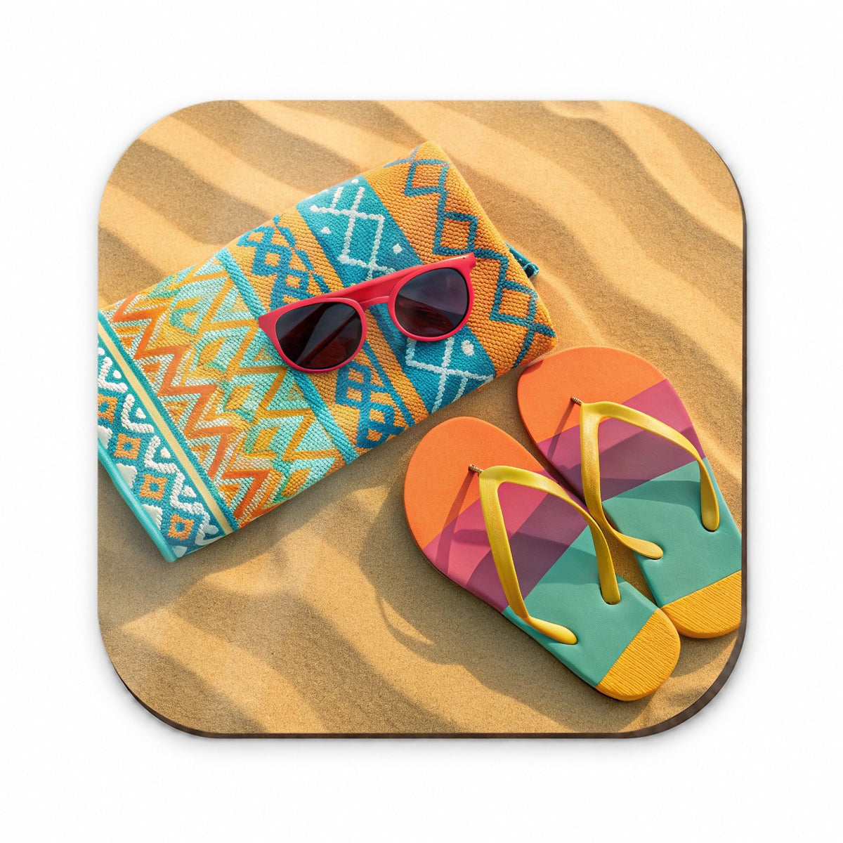 Colorful Sunglasses Flip Flops Towel On Sandy Beach Fridge Magnet