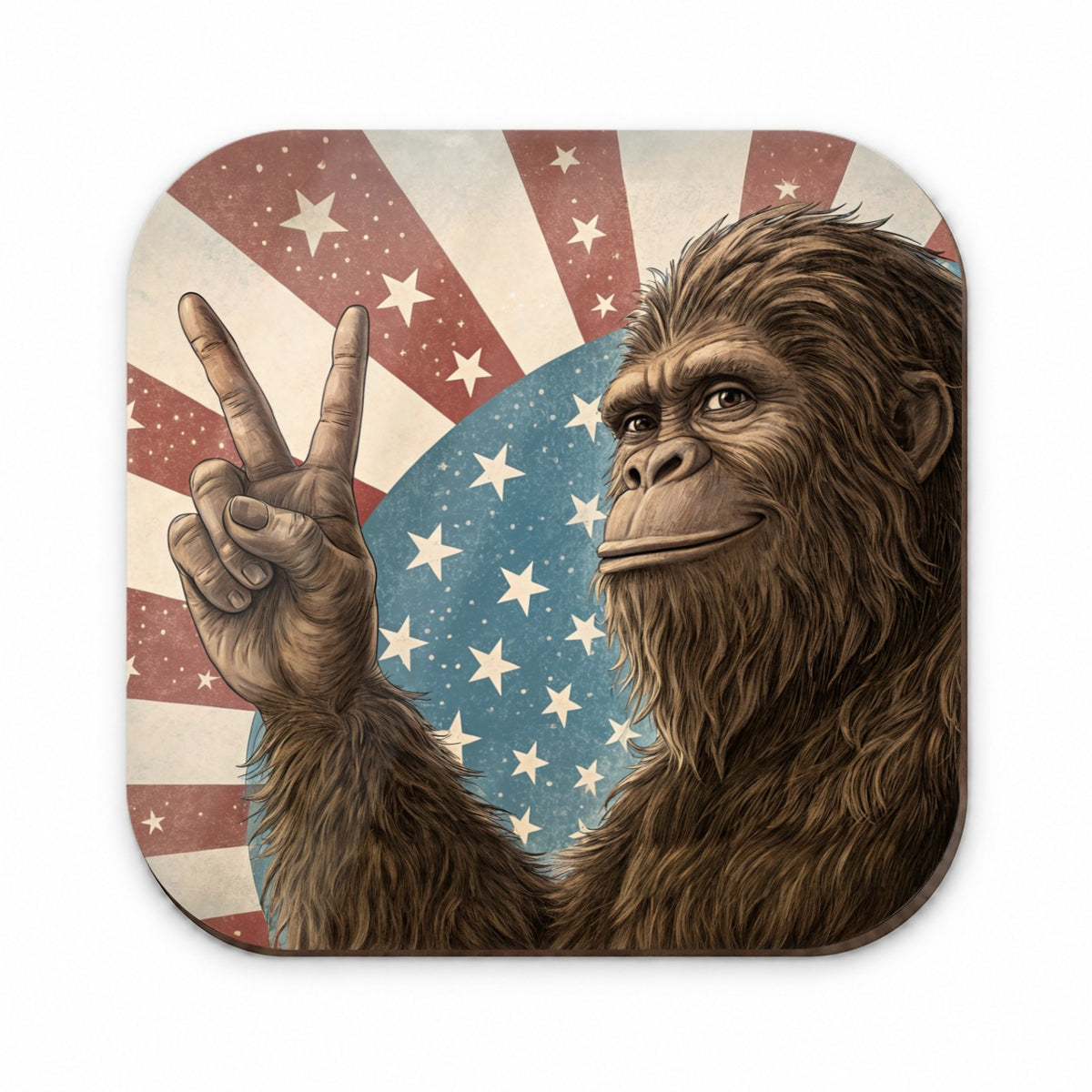 Bigfoot Giving Peace Sign Rising American Flag Fridge Magnet