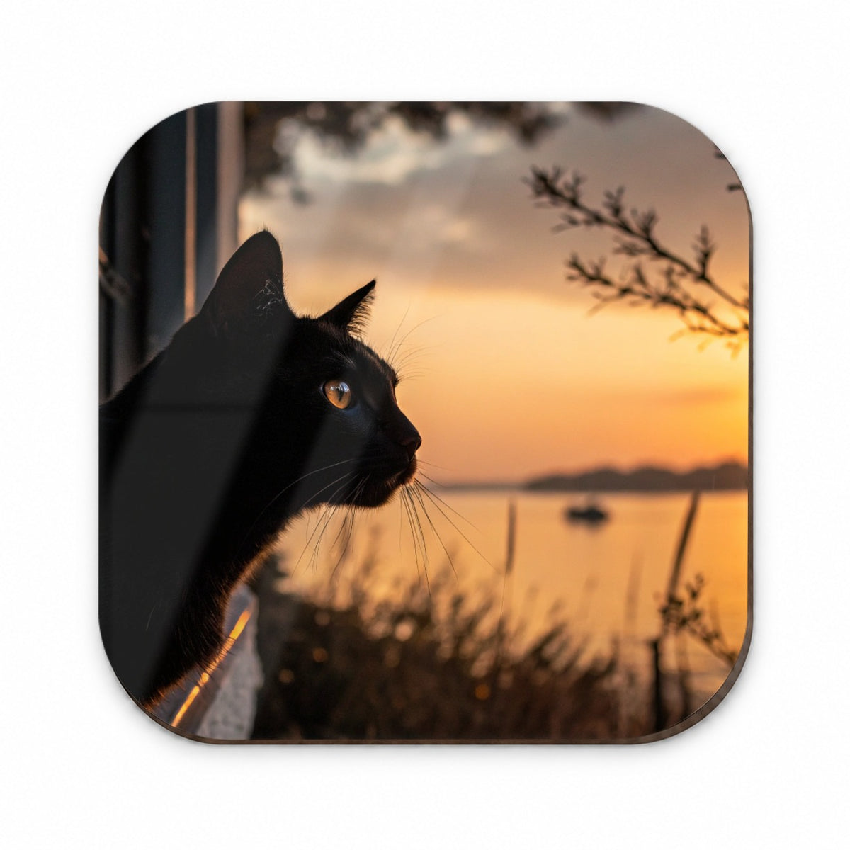 Black Cat Sunset Window Fridge Magnet