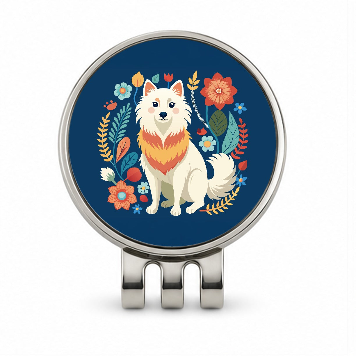 American Eskimo Dog Floral Flowers Golf Hat Clip with Ball Marker