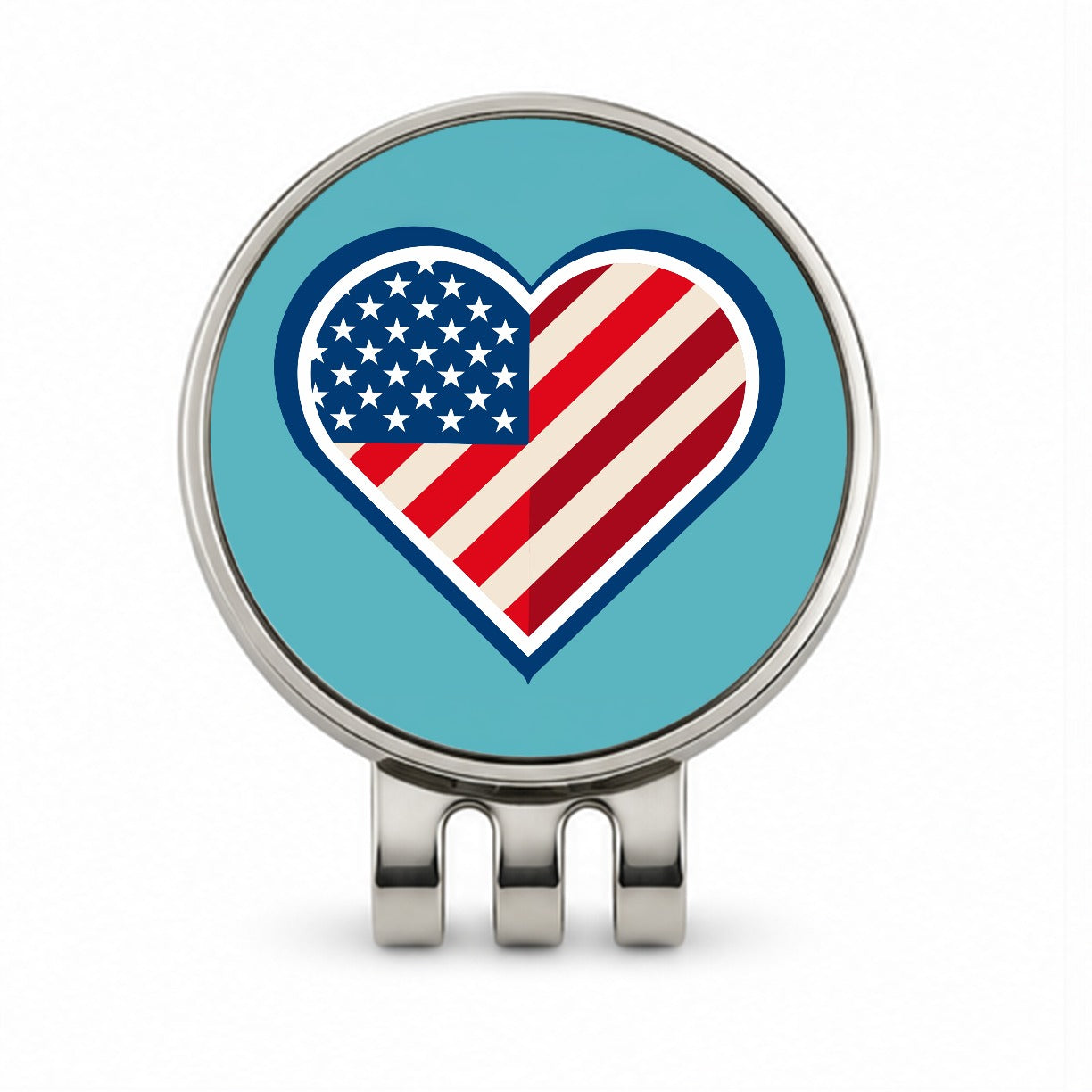 American Flag in Heart Patriotic USA United States Golf Hat Clip with Ball Marker