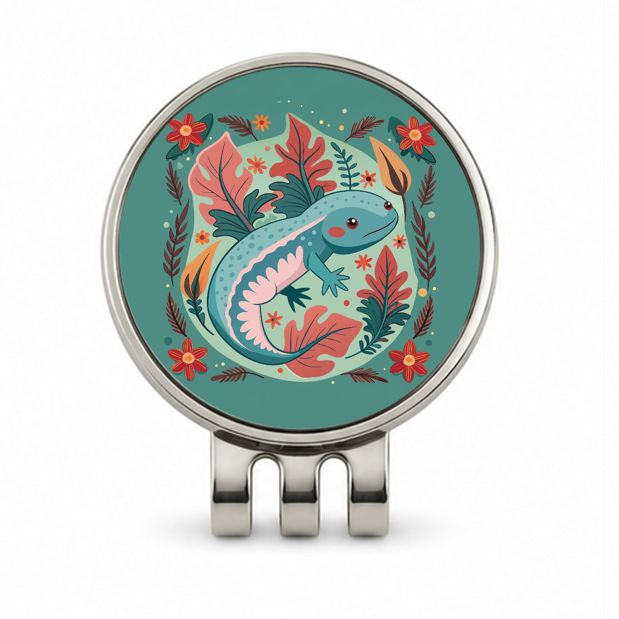 Axolotl Floral Motif Golf Hat Clip with Ball Marker