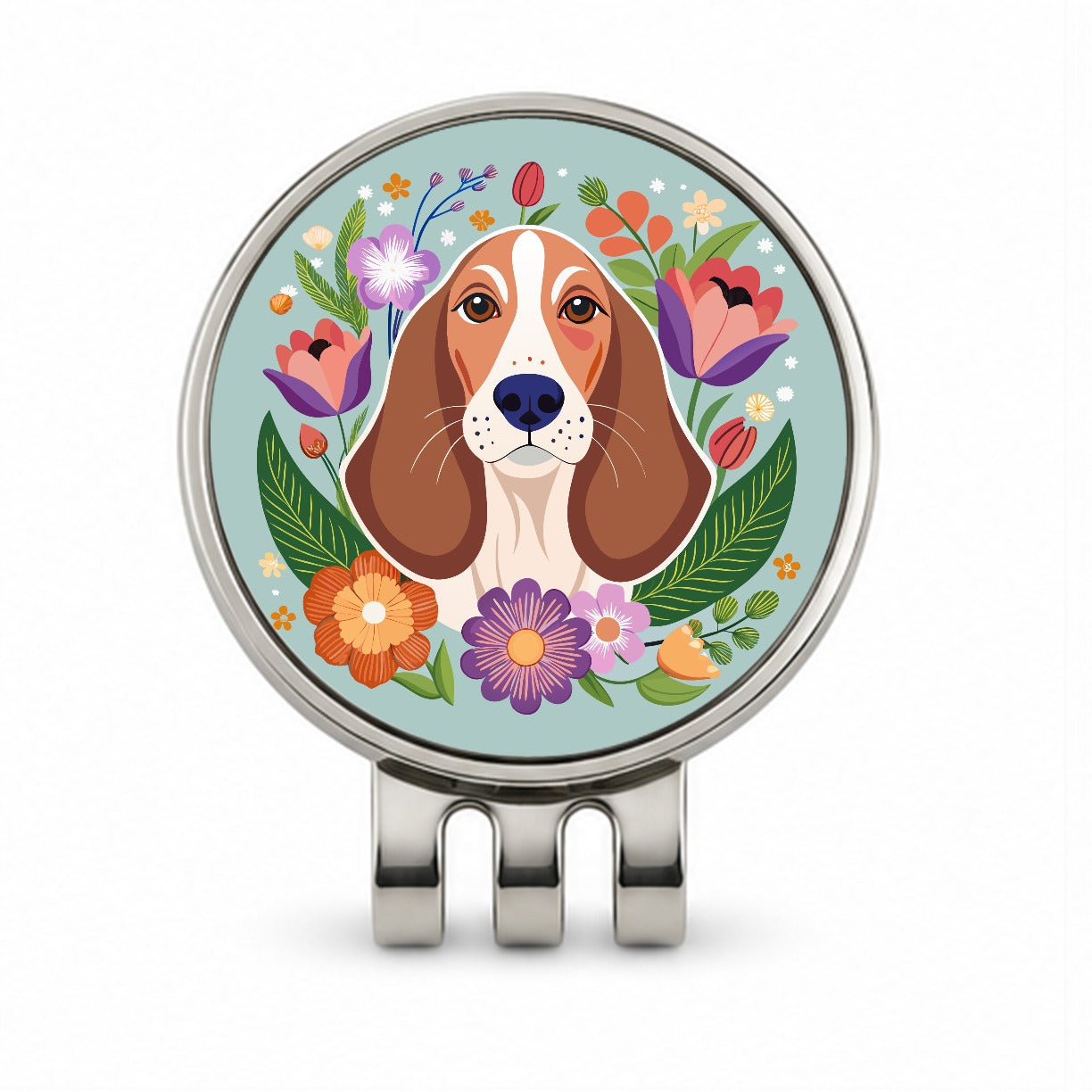 Basset Hound Dog Floral Flowers Golf Hat Clip with Ball Marker