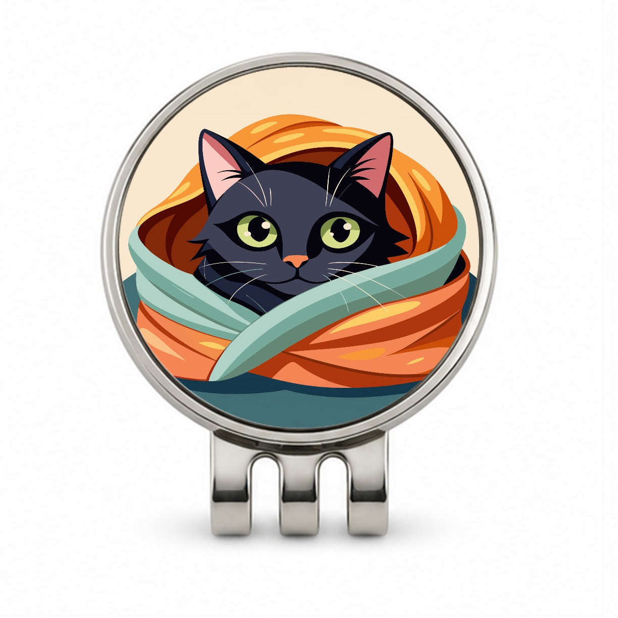 Black Cat Snuggling in Blanket Golf Hat Clip with Ball Marker