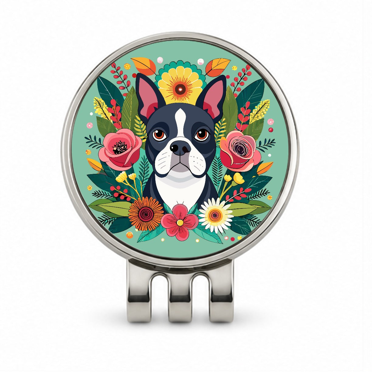 Boston Terrier Dog Floral Flowers Golf Hat Clip with Ball Marker