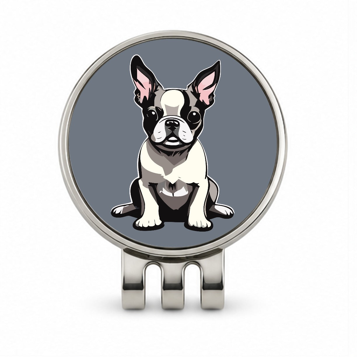 Boston Terrier Dog Sitting Golf Hat Clip with Ball Marker