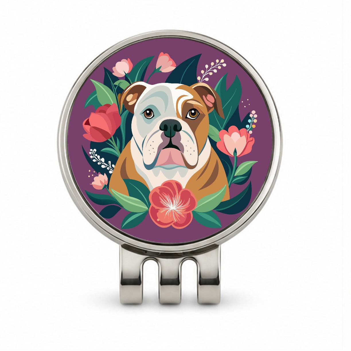 Bulldog Dog Floral Flowers Purple Background Golf Hat Clip with Ball Marker