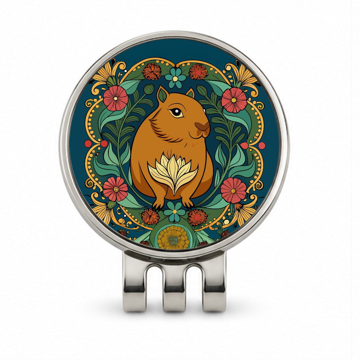 Capybara Floral Art Nouveau Flowers Elegant Golf Hat Clip with Ball Marker