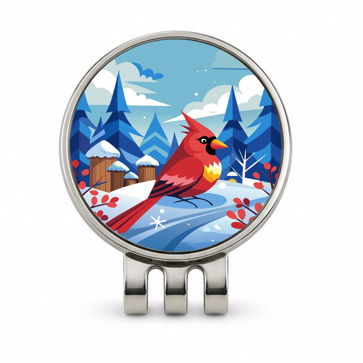 Cardinal in Winter Snow Scene Golf Hat Clip with Ball Marker