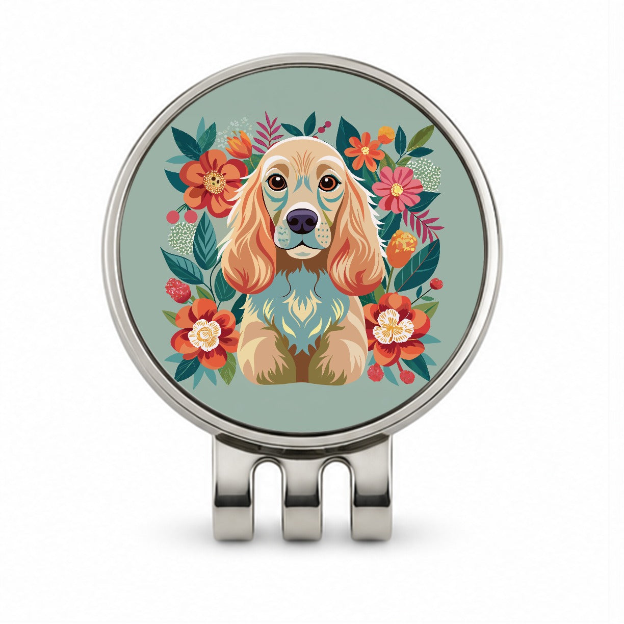 Cocker Spaniel Dog Floral Flowers Golf Hat Clip with Ball Marker