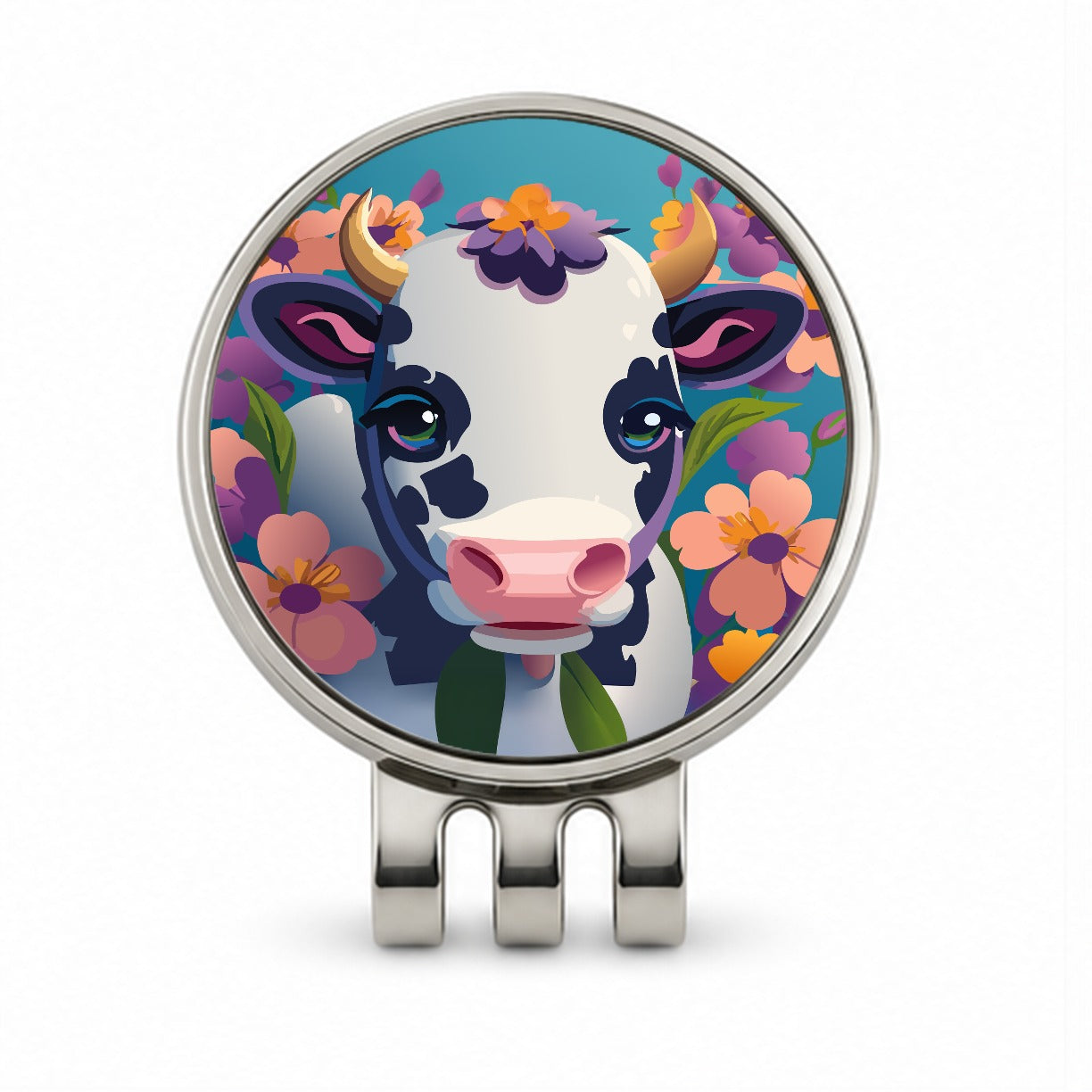 Cow with Flowers Golf Hat Clip with Ball Marker