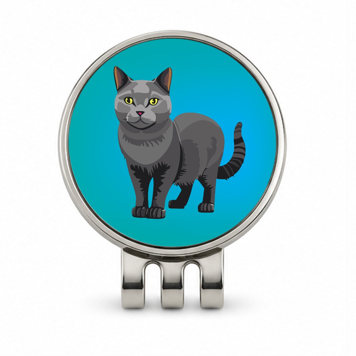 Gray Cat Standing Golf Hat Clip with Ball Marker