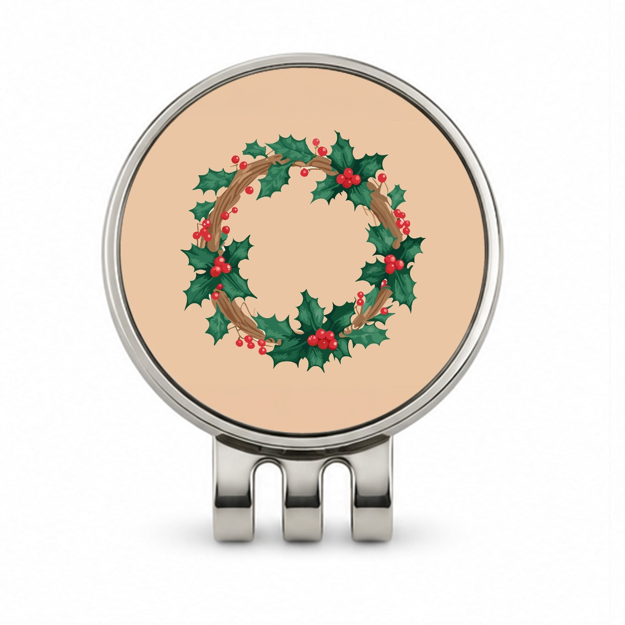 Holly Christmas Wreath Watercolor Golf Hat Clip with Ball Marker