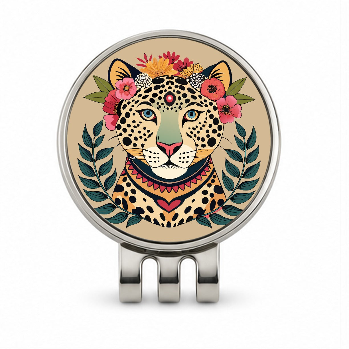 Leopard Head Floral Flowers Golf Hat Clip with Ball Marker