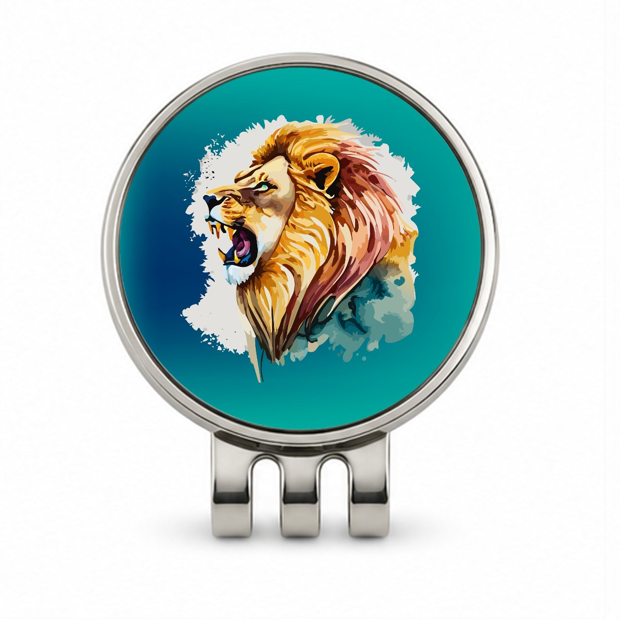 Lion Roaring Male Profile Watercolor Golf Hat Clip with Ball Marker