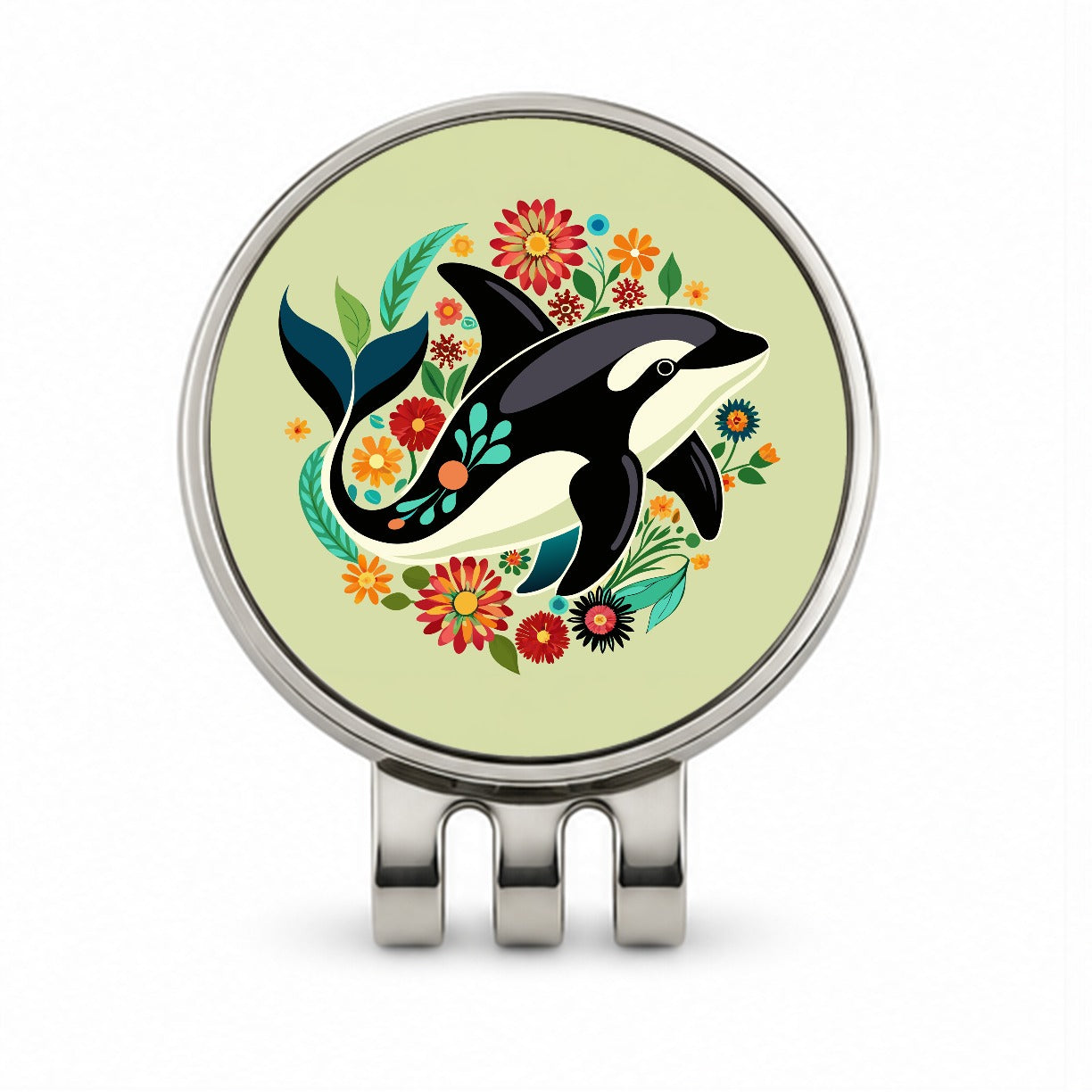 Orca Whale Floral Flowers Golf Hat Clip with Ball Marker