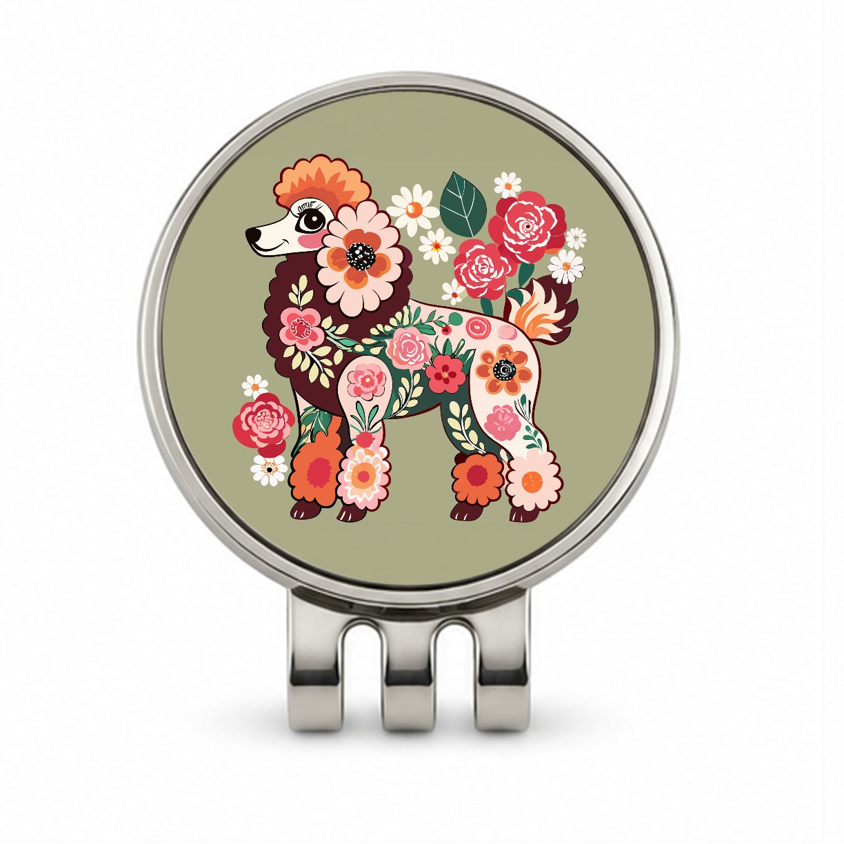 Poodle Dog Floral Motif Golf Hat Clip with Ball Marker