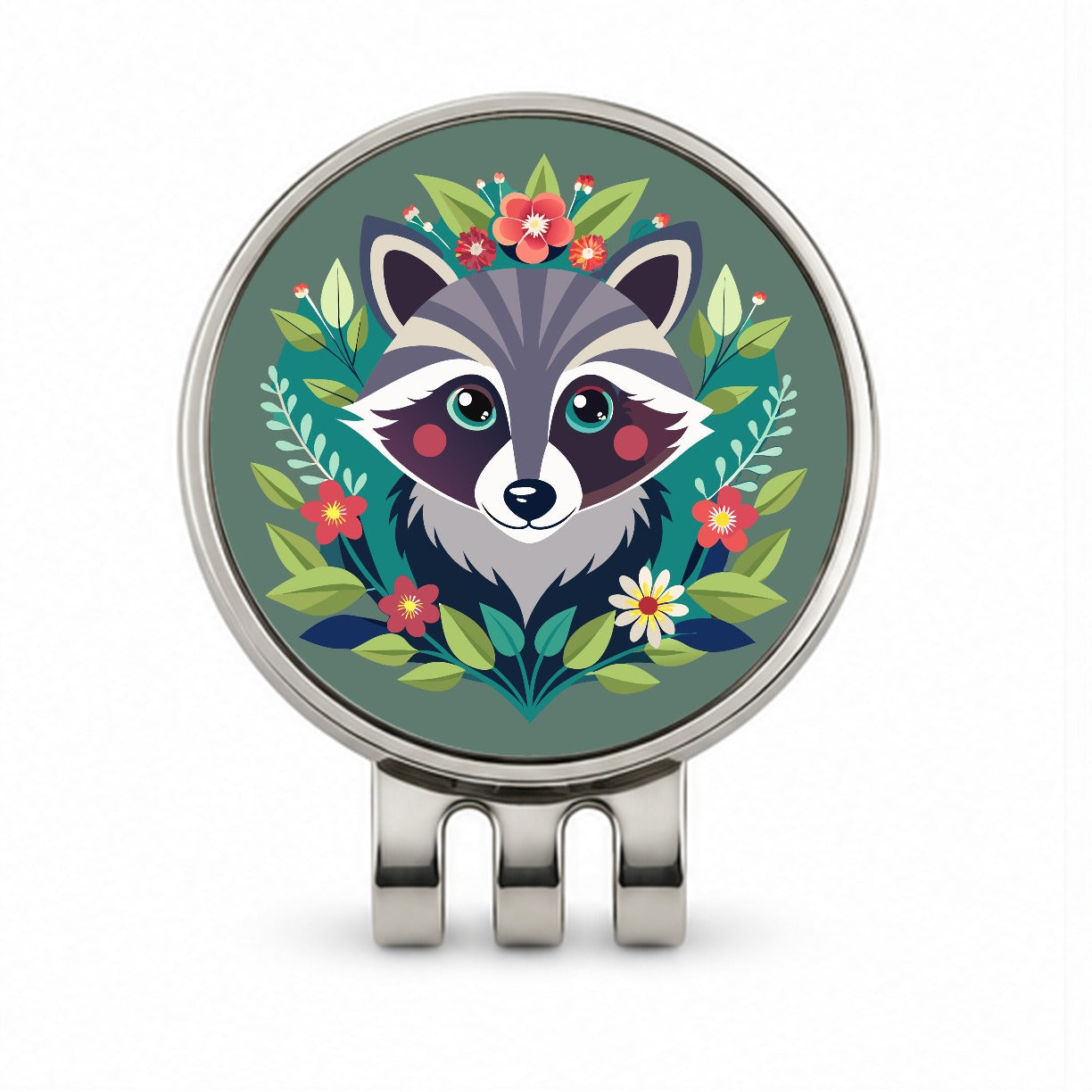 Raccoon in Floral Wreath Golf Hat Clip with Ball Marker
