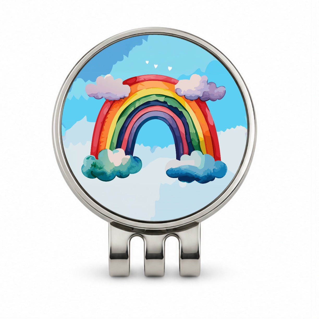 Rainbow and Clouds Watercolor Golf Hat Clip with Ball Marker