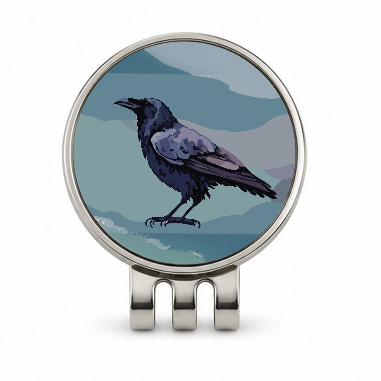 Raven Profile Bird Watercolor Golf Hat Clip with Ball Marker