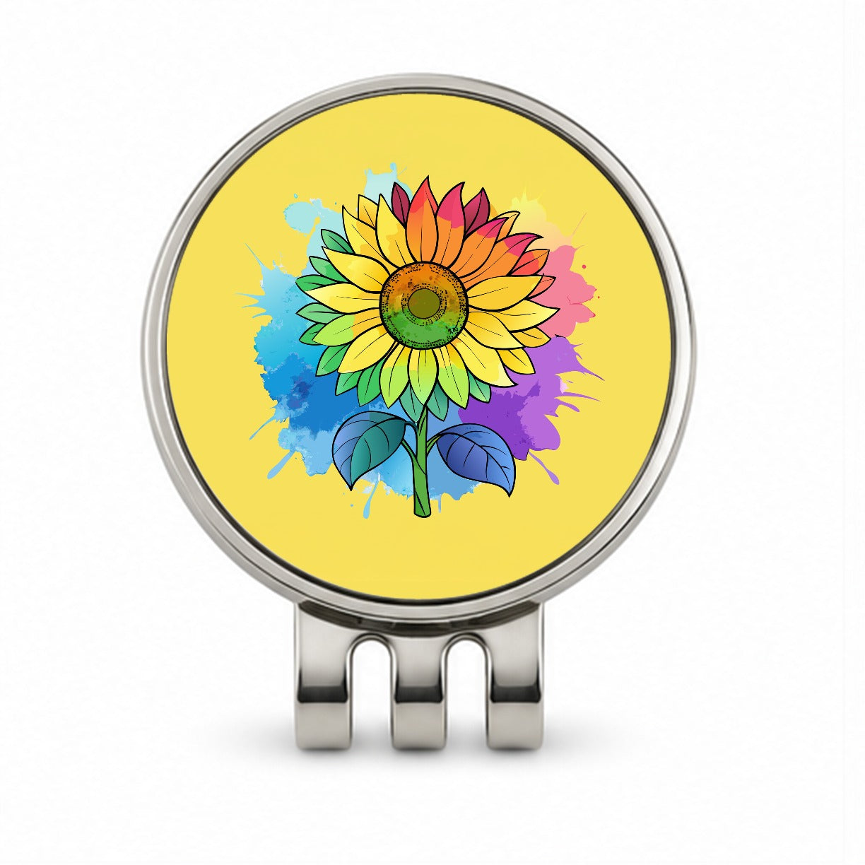 Sunflower Rainbow Watercolor Golf Hat Clip with Ball Marker