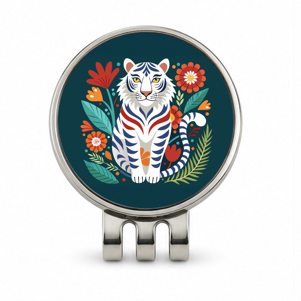 White Tiger Floral Flowers Golf Hat Clip with Ball Marker