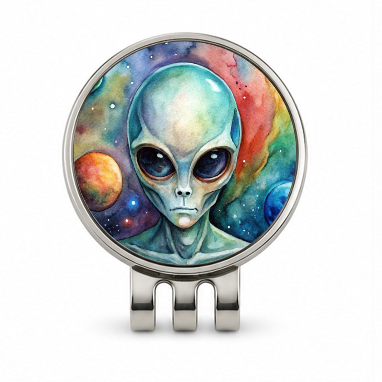 Alien In Space Watercolor Golf Hat Clip with Ball Marker
