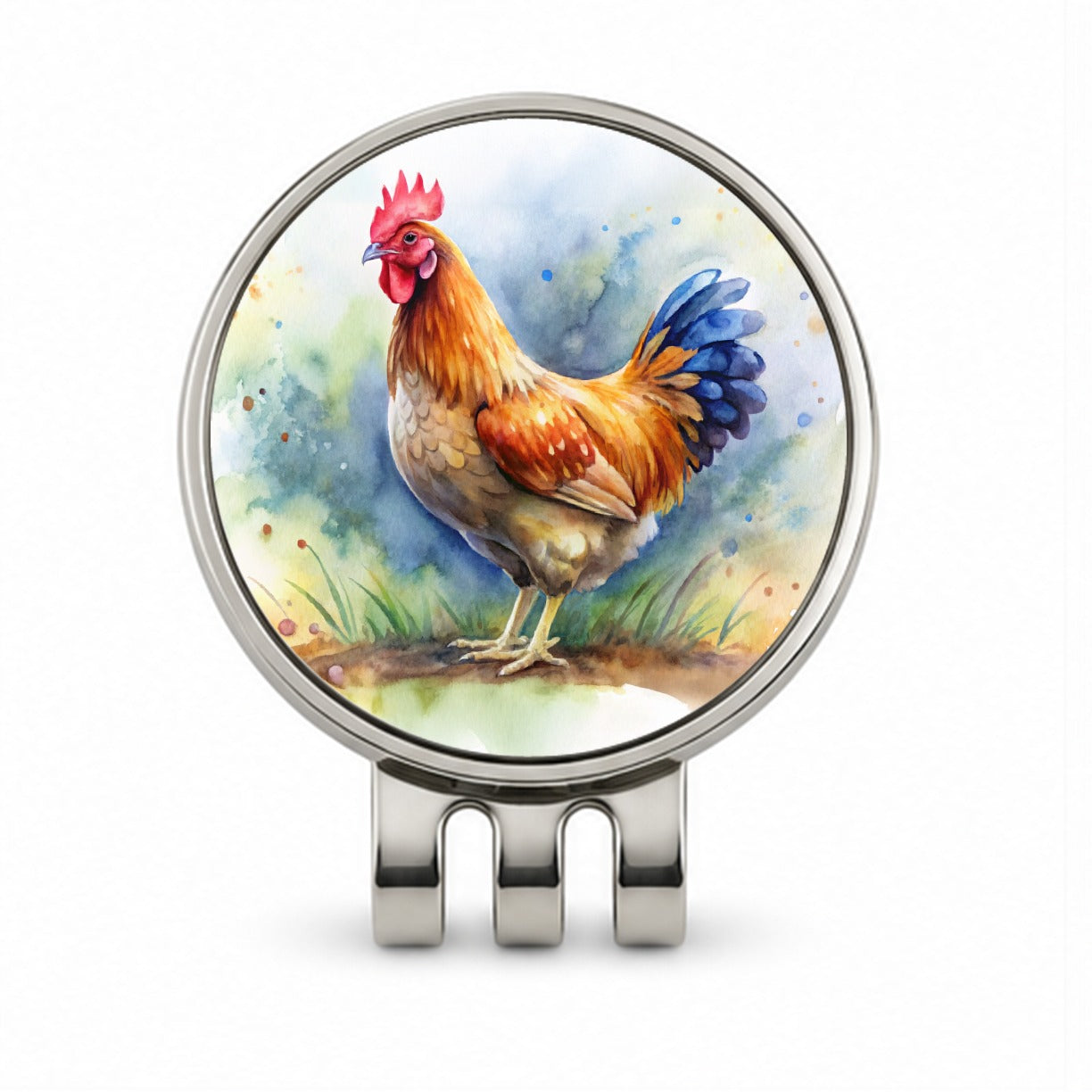 Beautiful Chicken Watercolor Golf Hat Clip with Ball Marker
