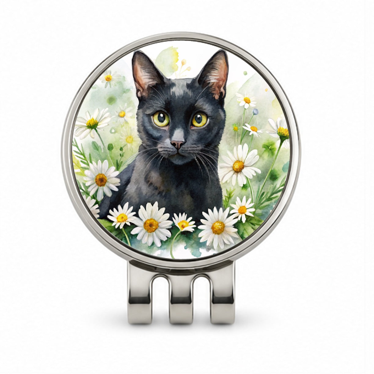 Black Cat Watercolor Design With Daisies Golf Hat Clip with Ball Marker