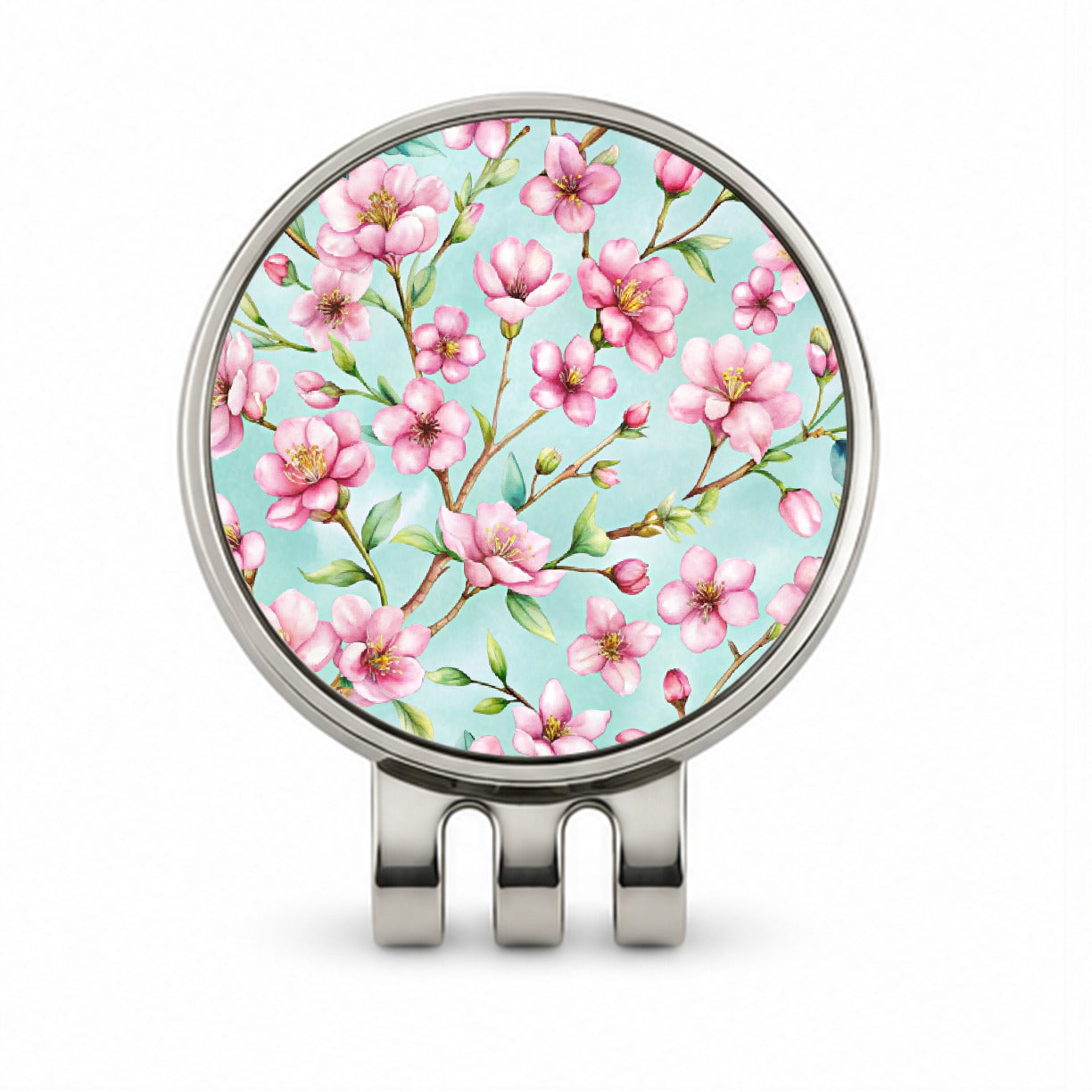 Cherry Blossom Flowers Light Blue Golf Hat Clip with Ball Marker