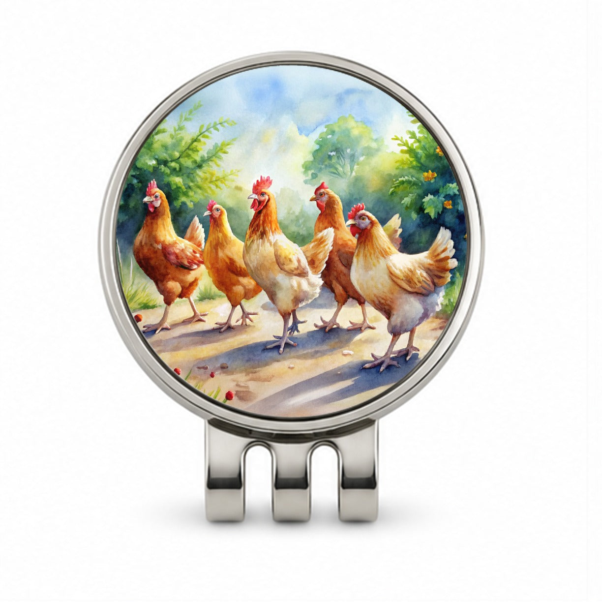 Chickens Walking Around Watercolor Golf Hat Clip with Ball Marker