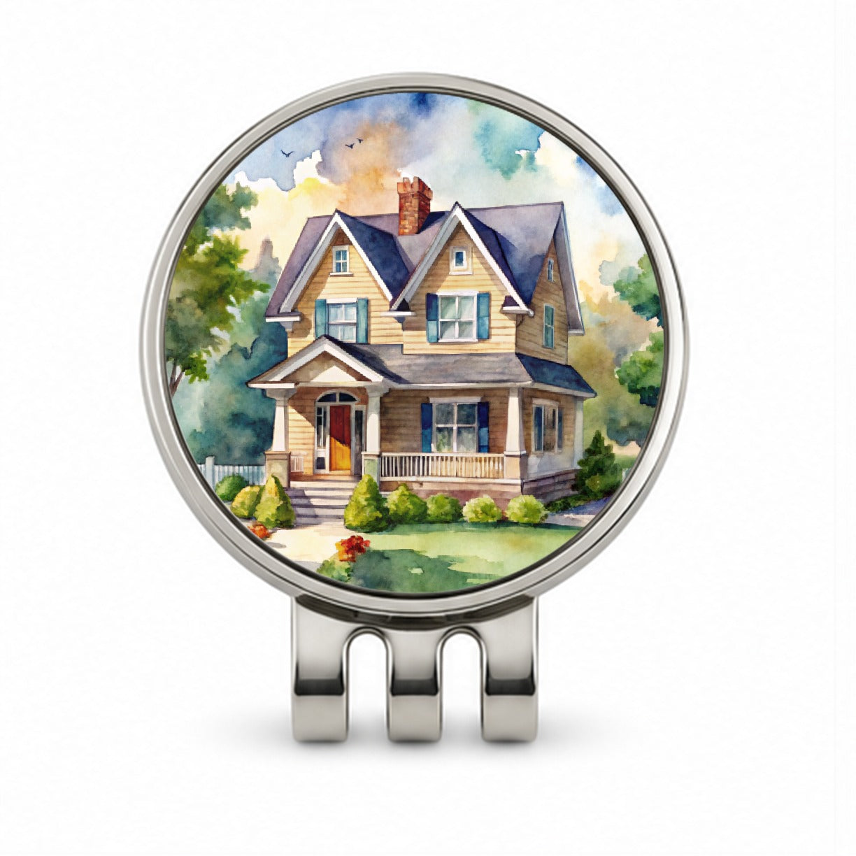 Country Farm House Painting Watercolor Golf Hat Clip with Ball Marker