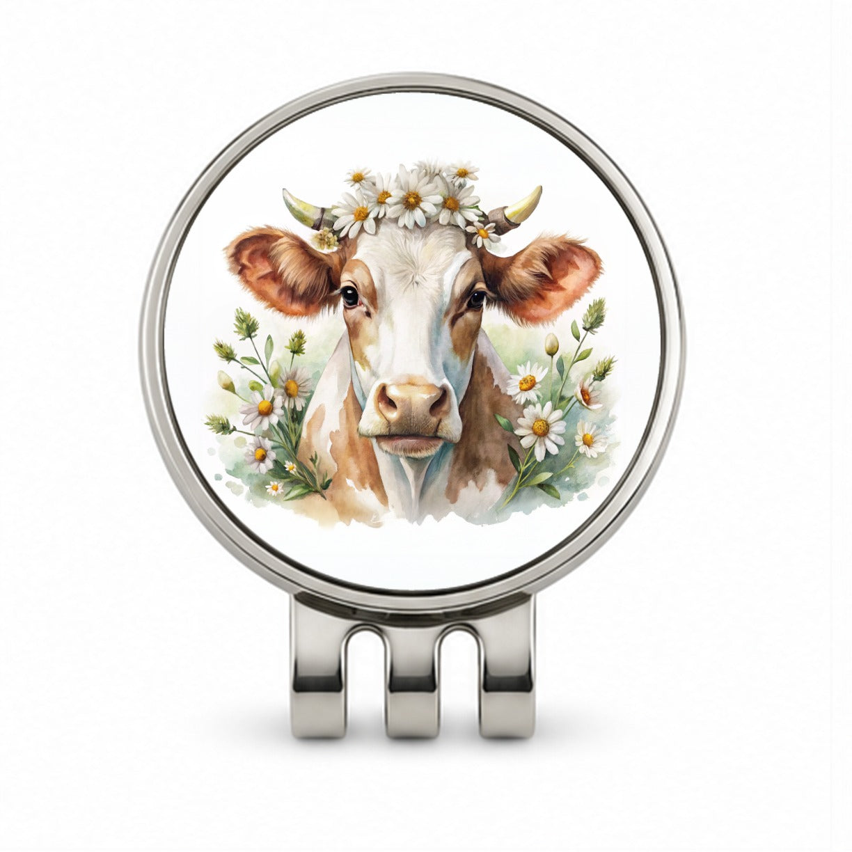 Cow Watercolor With Daisies Golf Hat Clip with Ball Marker