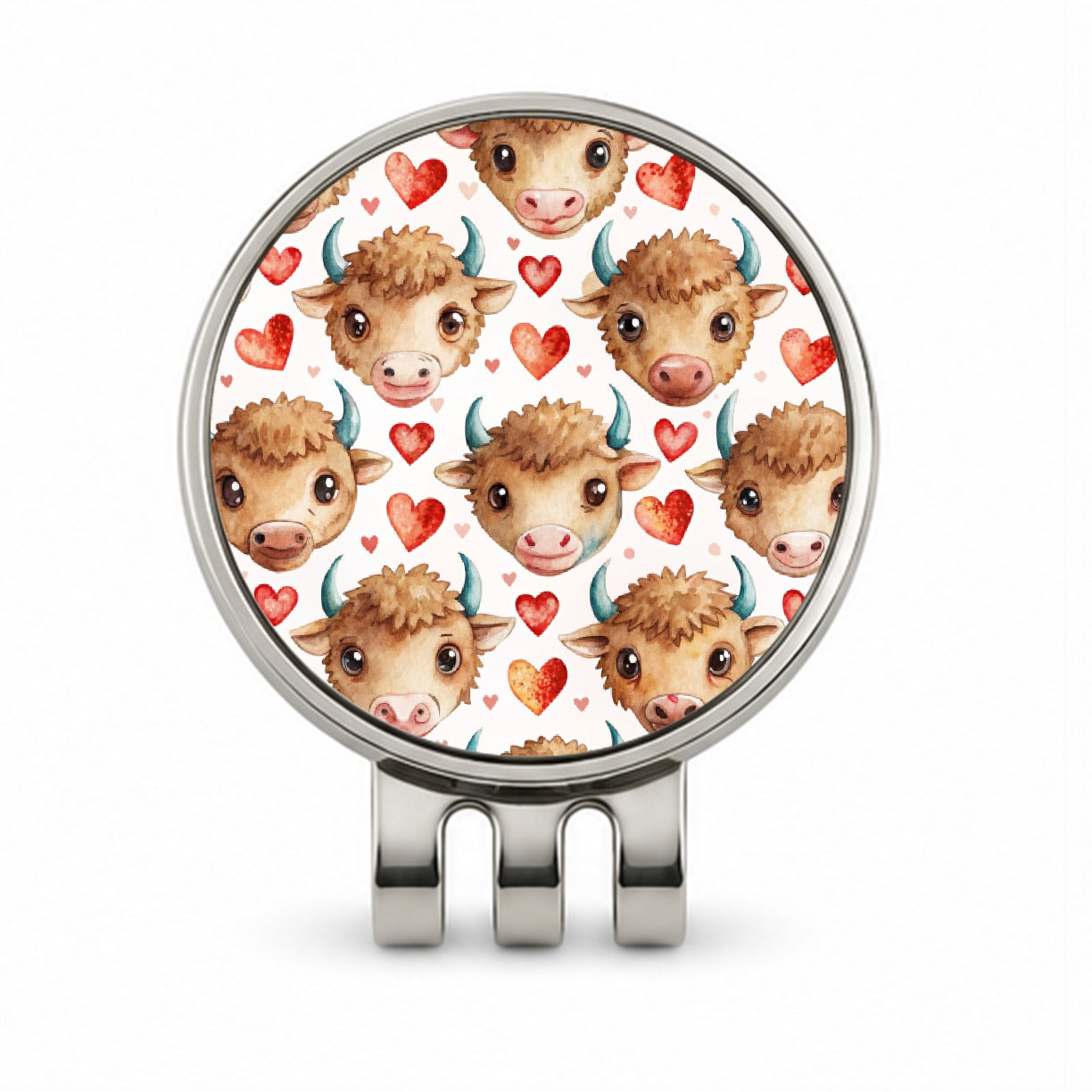 Cute Bison Faces Hearts Watercolor Golf Hat Clip with Ball Marker