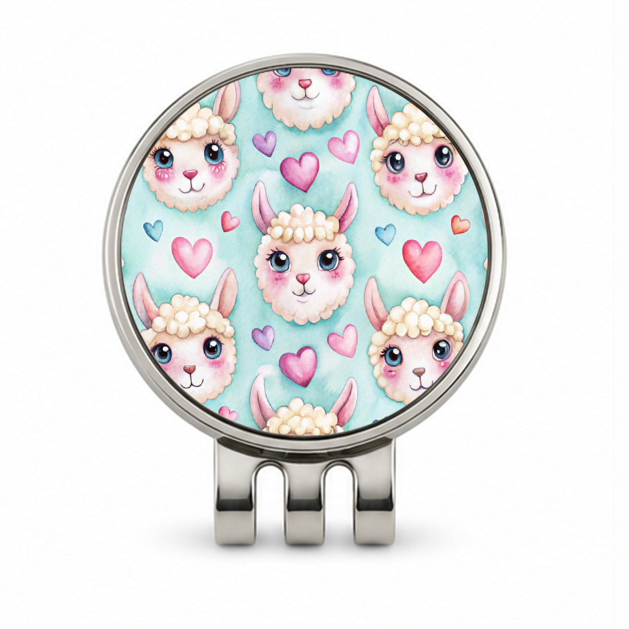Cute Llama Faces Hearts Watercolor Golf Hat Clip with Ball Marker