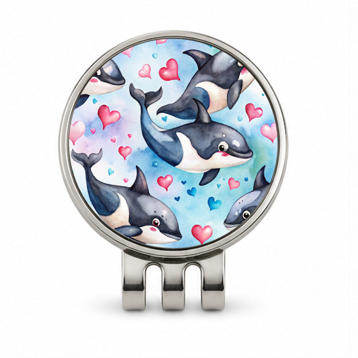 Cute Orcas Whales Hearts Watercolor Golf Hat Clip with Ball Marker