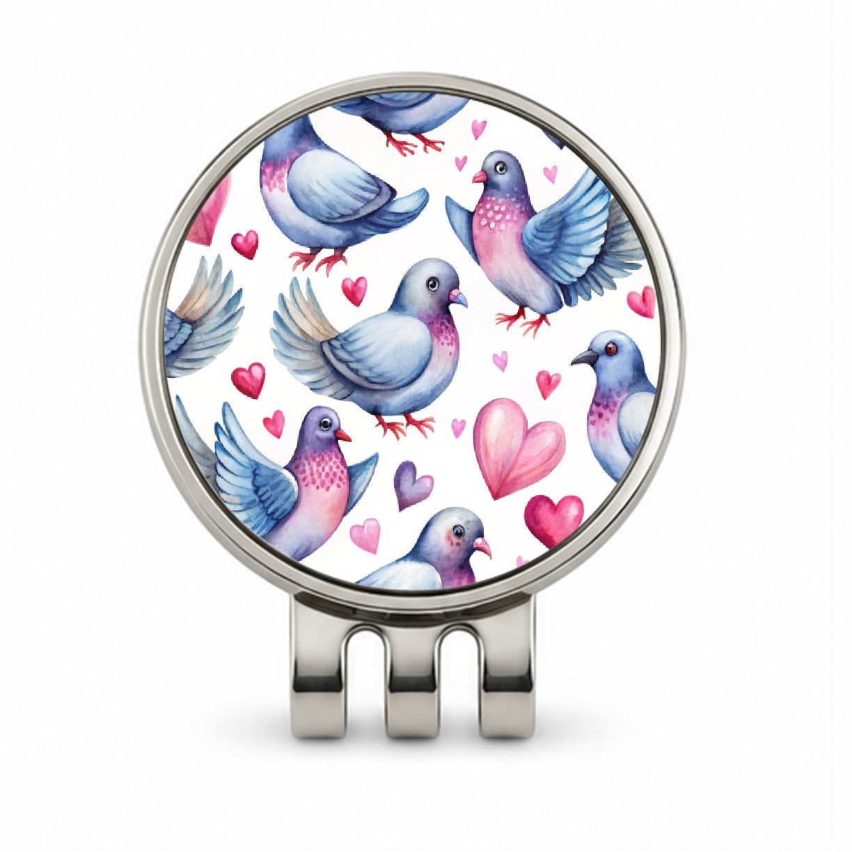 Cute Pigeons Hearts Watercolor Golf Hat Clip with Ball Marker