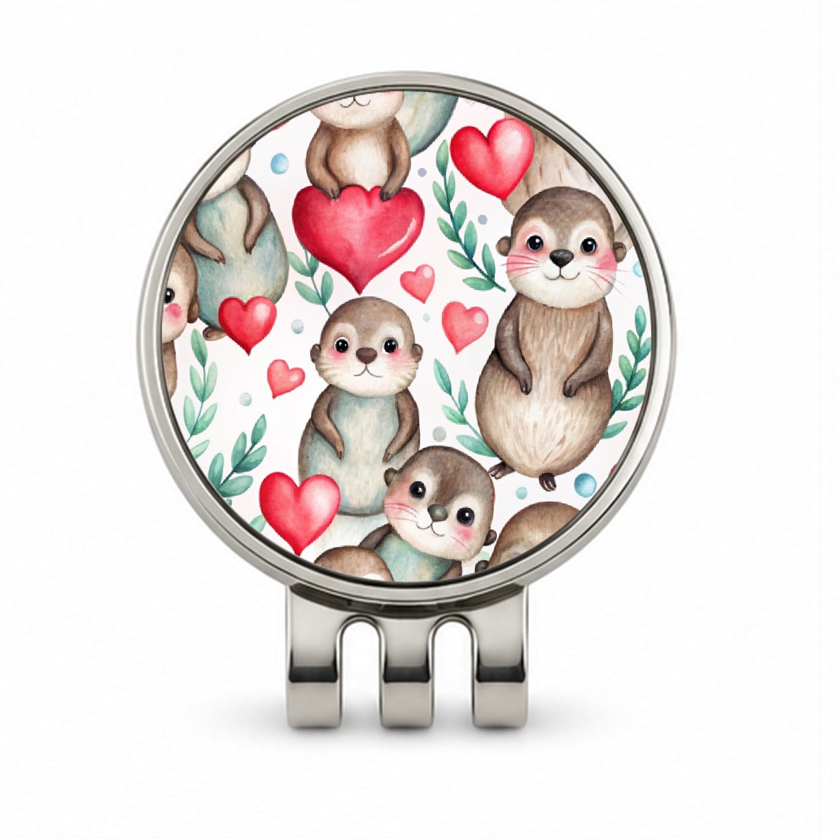 Cute River Otter Hearts Watercolor Golf Hat Clip with Ball Marker