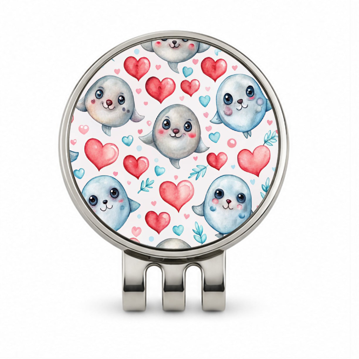Cute Seals Hearts Watercolor Golf Hat Clip with Ball Marker